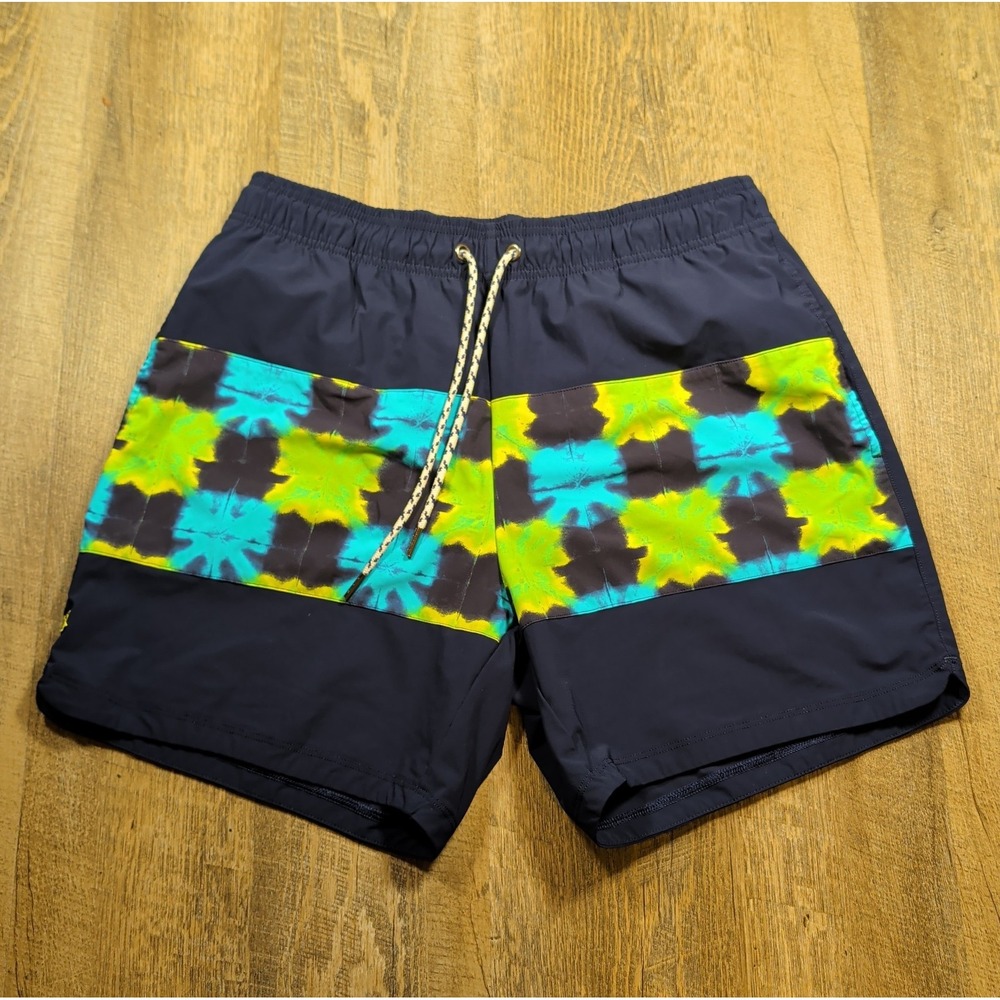 Rhone Swim Trunks Mens Medium Belize Blue Wide Stripe R&R Lined Beach Shorts
